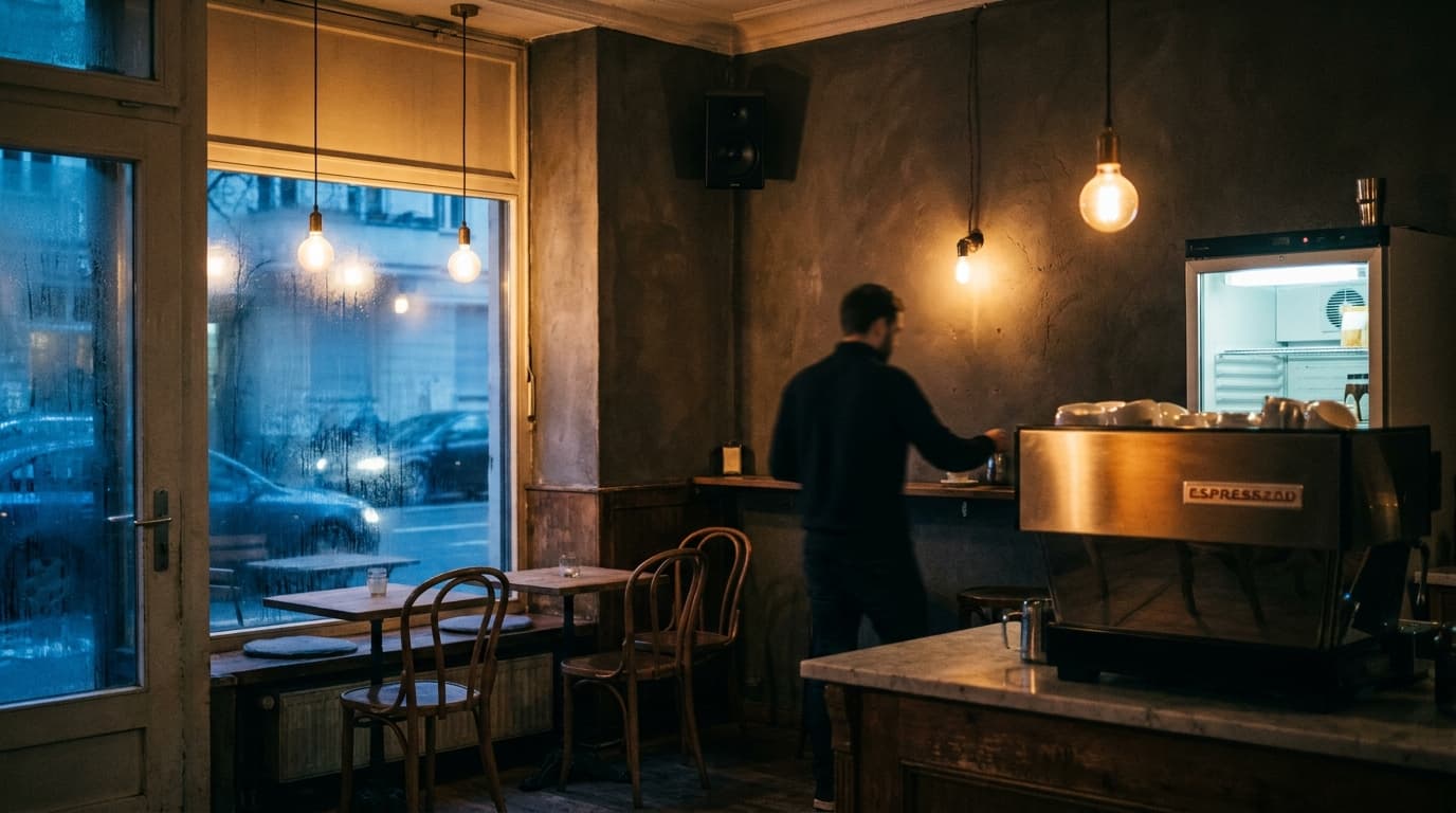 Café am Abend: Espressomaschine im warmen Licht, Lautsprecher an der Wand