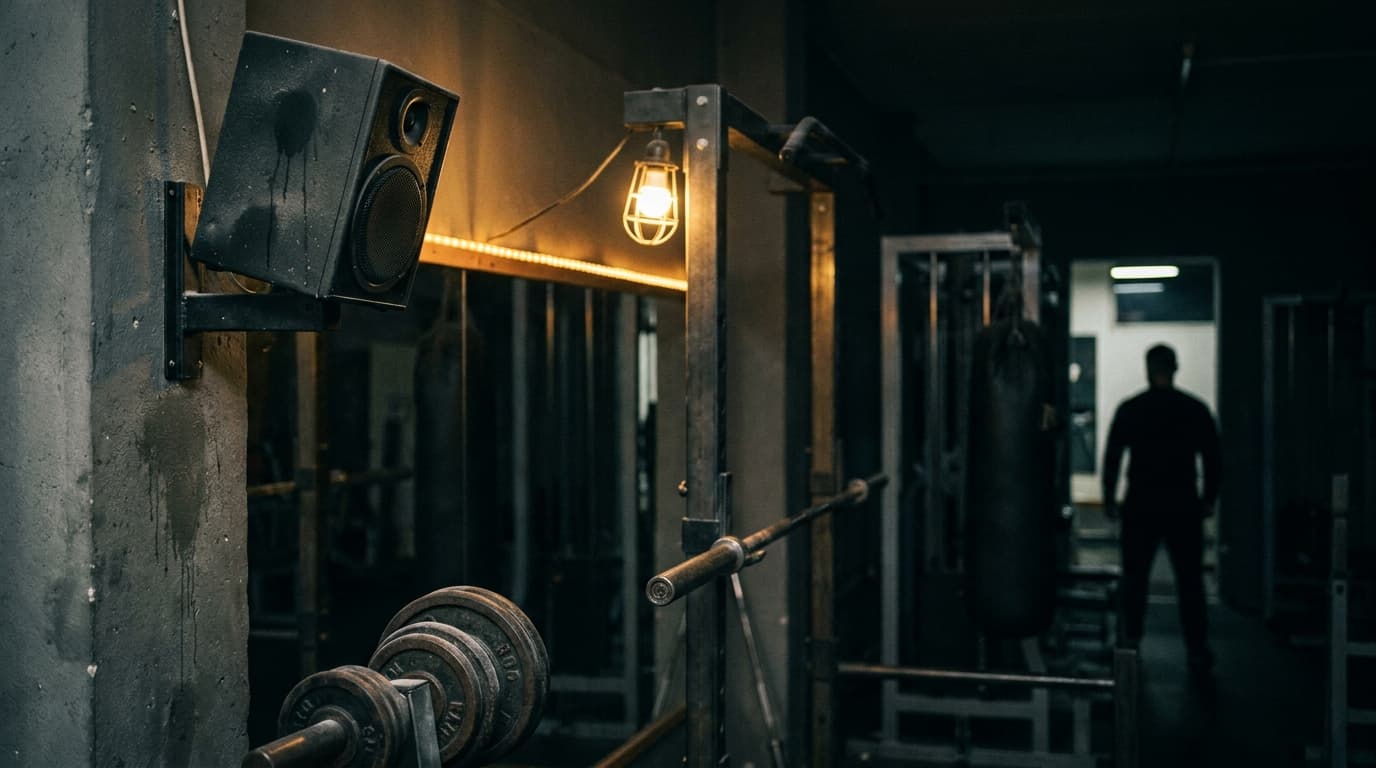 Fitnessstudio bei Nacht: Hantelscheiben, Werkleuchte und ein Lautsprecher an der Wand