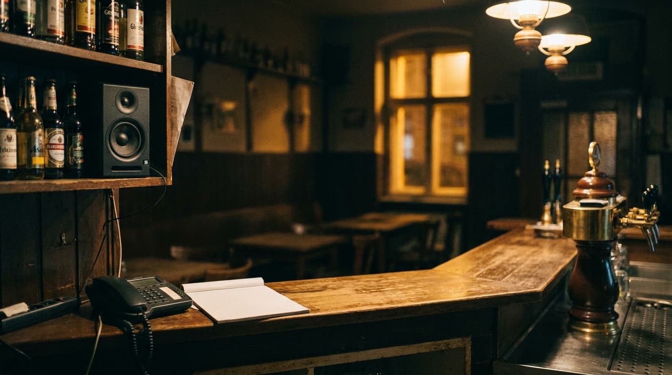 Tresen einer Kneipe bei Nacht: Telefon und Notizblock neben der Kasse, Lautsprecher im Regal