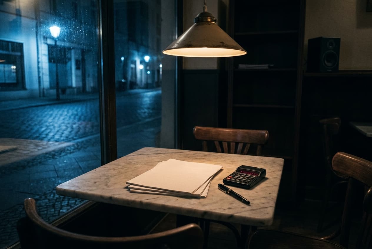 Marmortisch in einem leeren Café bei Nacht: Unterlagen und Rechner unter der Lampe