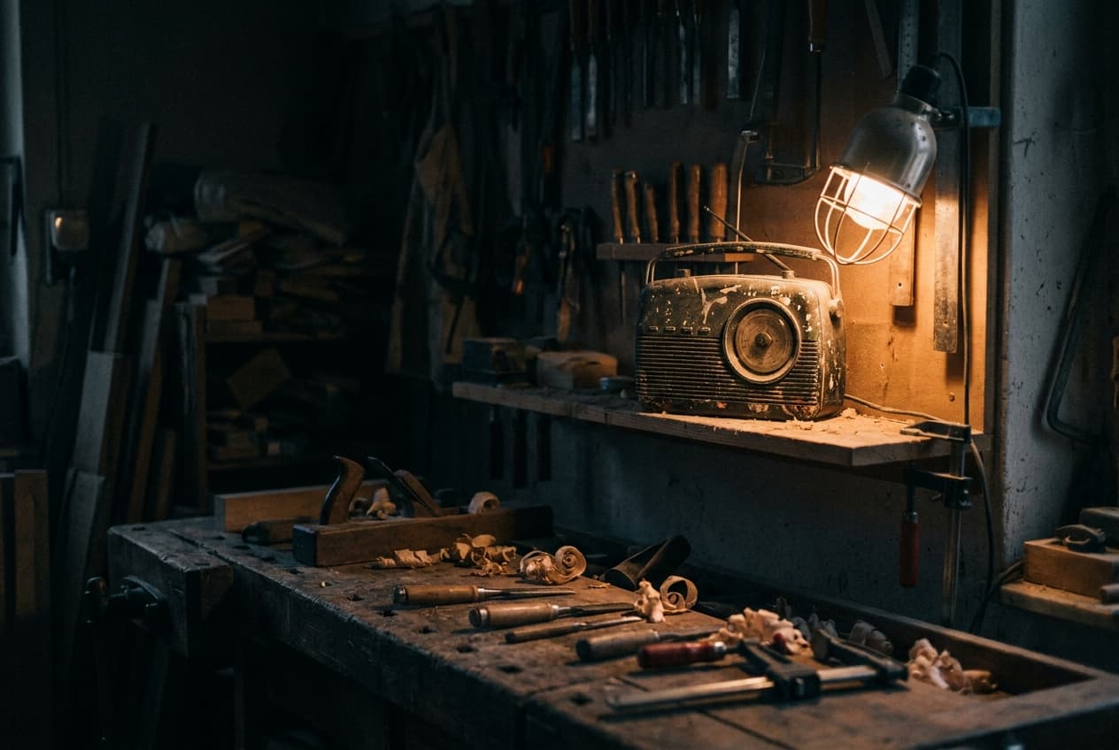 Handwerkstatt am Abend: altes Radio auf dem Regal unter der Werkleuchte