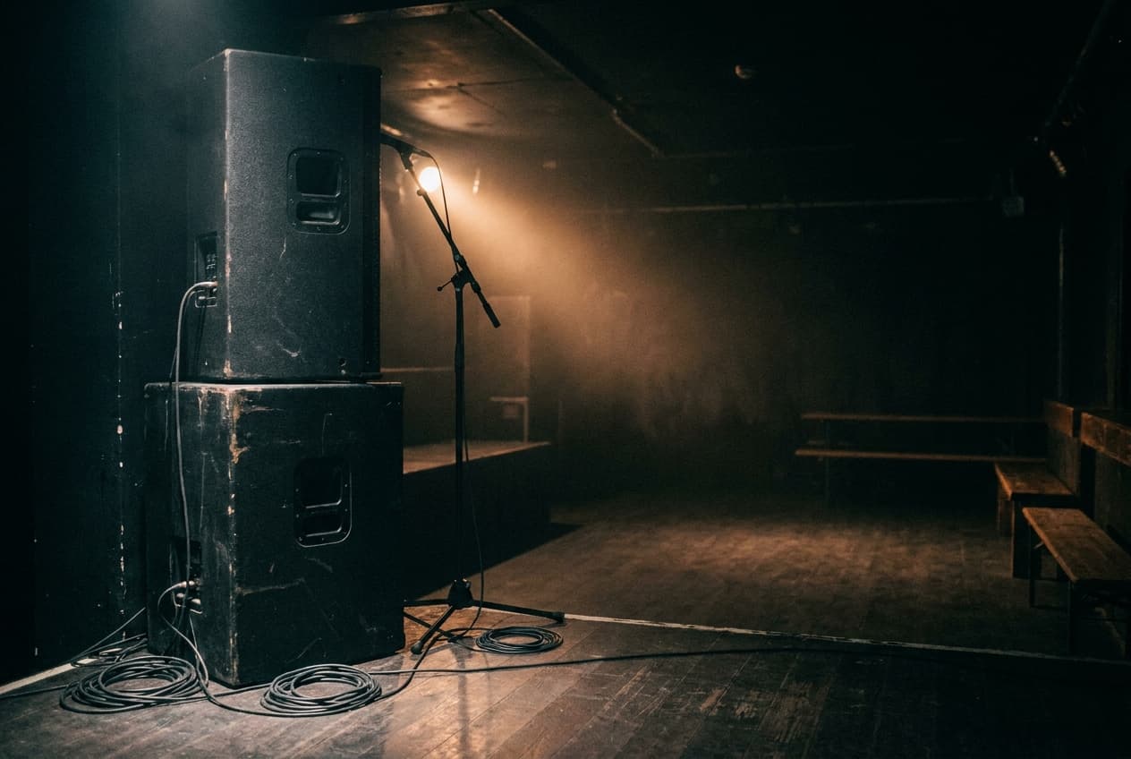 Leere Bühne eines kleinen Musikclubs nach der Show: gestapelte PA-Lautsprecher